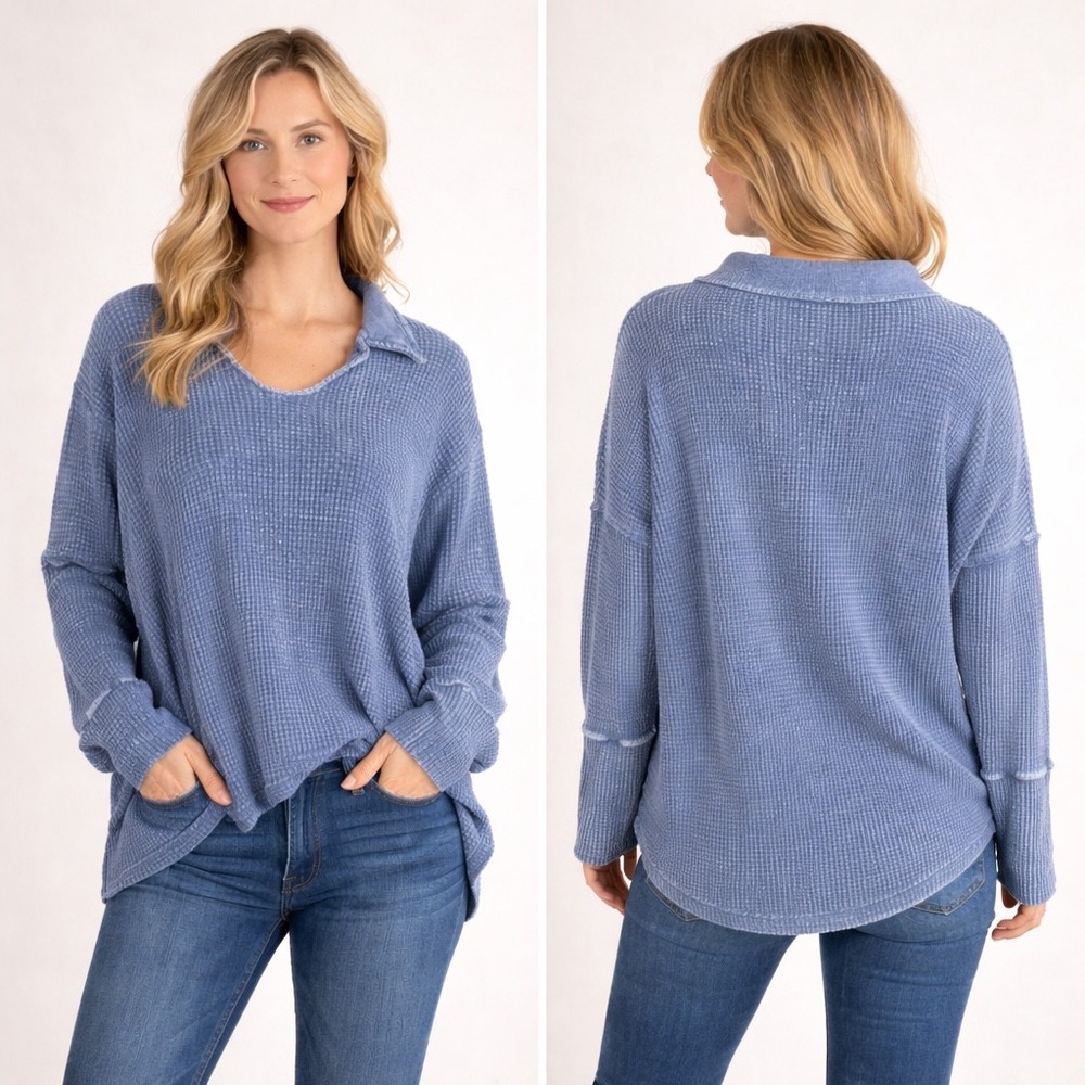 Bucket List Waffle Knit Pullover Womens Med Blue Acid Wash Raw Edge Boho Top